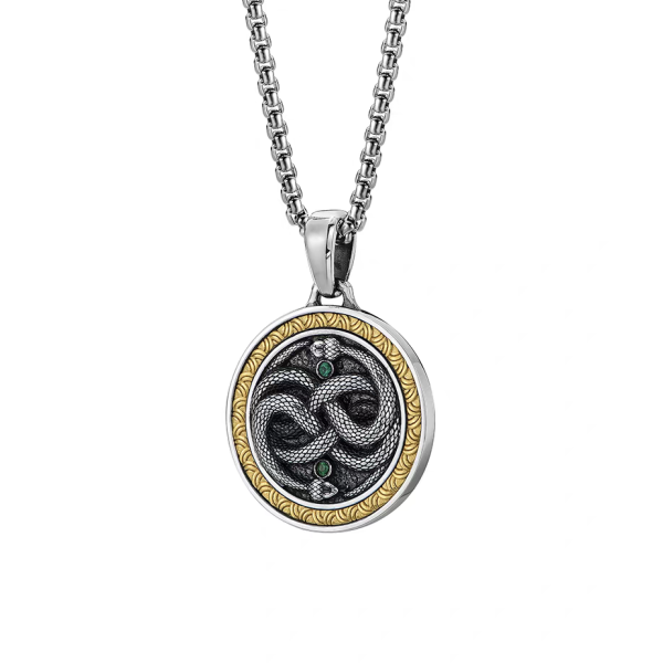 Serpent's Ode to Eternity | Emerald-Accented Double Snake Infinity 925 Silver Pendant